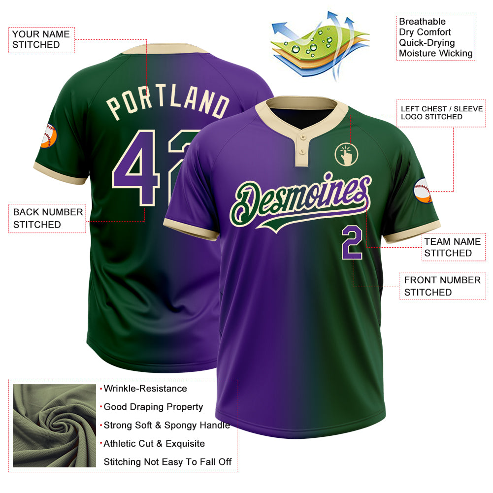Custom Green Purple-Cream Gradient Fashion Two-Button Unisex Softball Jersey