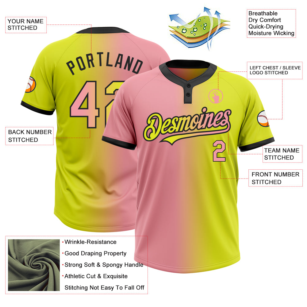 Custom Neon Yellow Medium Pink-Black Gradient Fashion Two-Button Unisex Softball Jersey