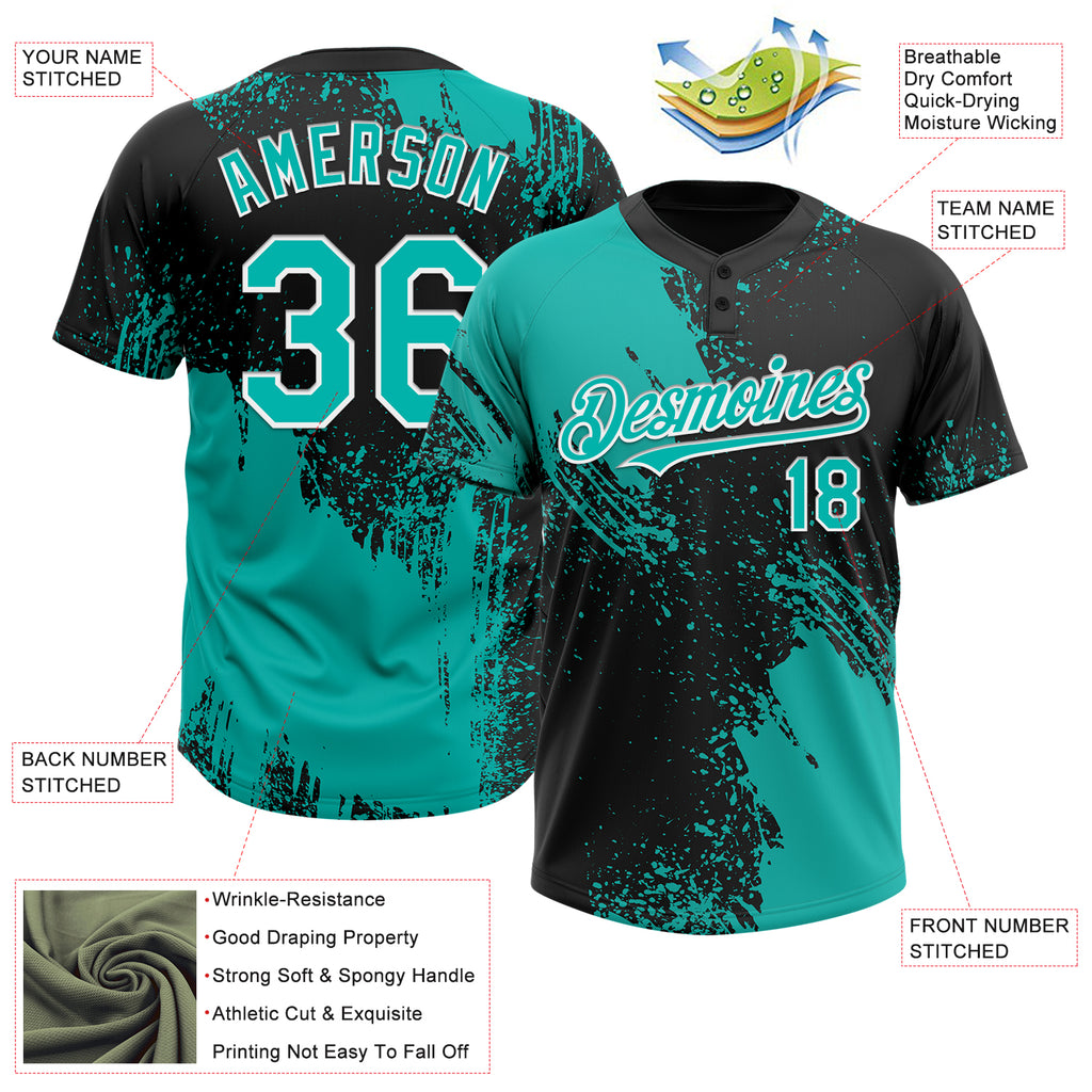 Custom Aqua Black-White 3D Pattern Abstract Brush Stroke Two-Button Unisex Softball Jersey