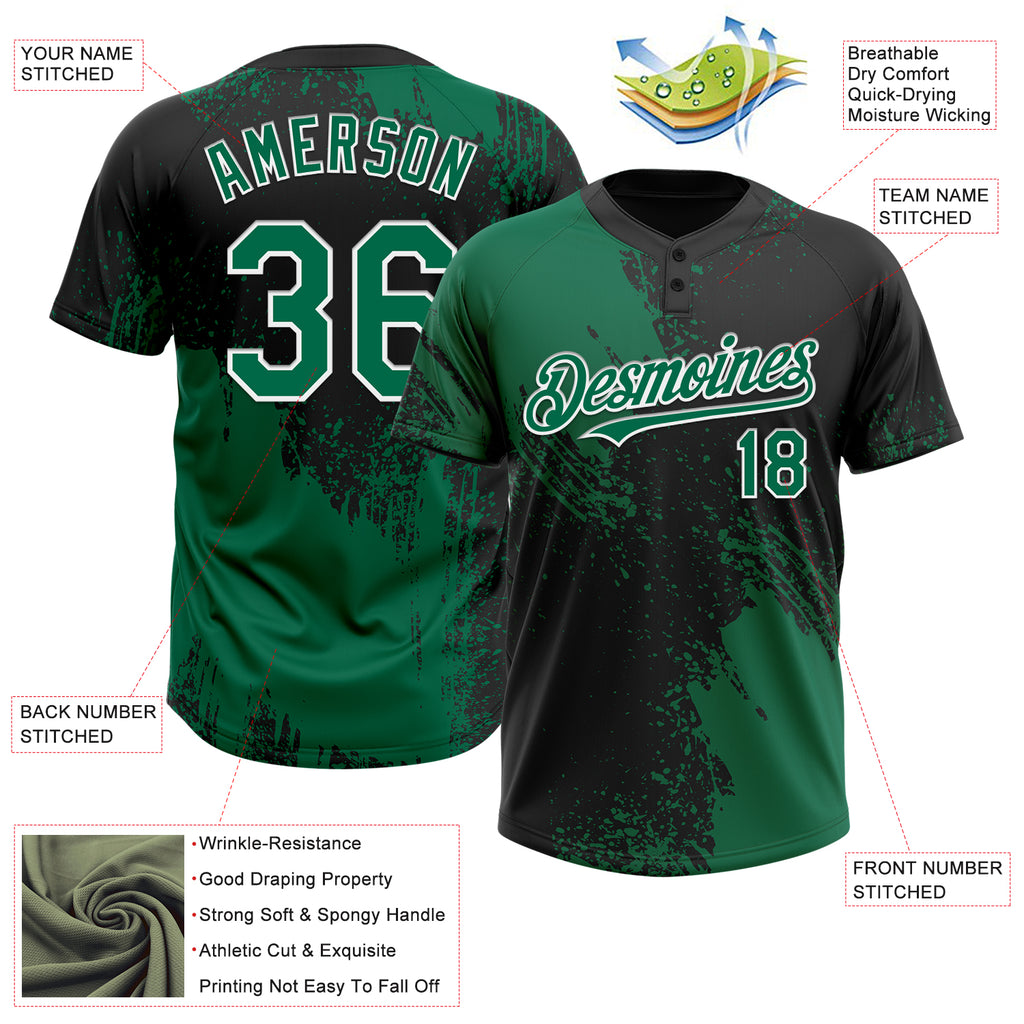 Custom Kelly Green Black-White 3D Pattern Abstract Brush Stroke Two-Button Unisex Softball Jersey