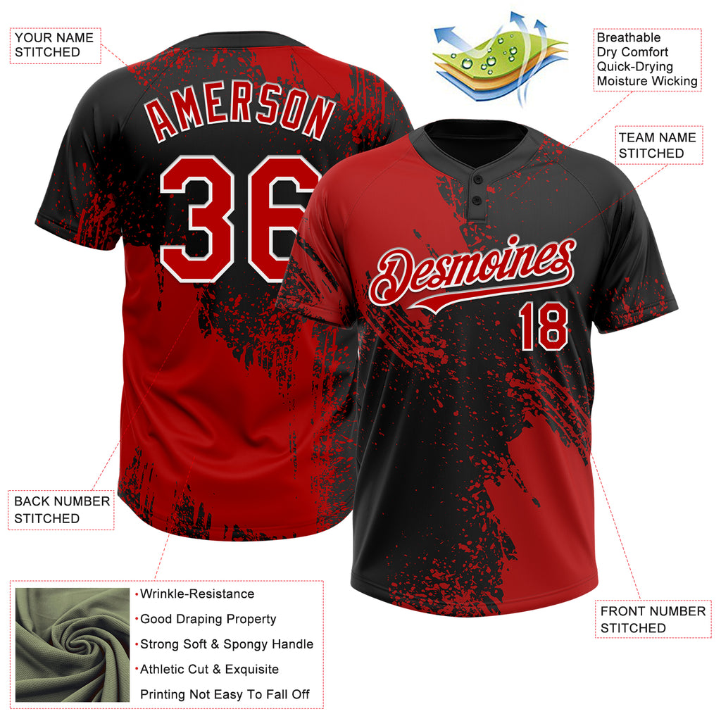 Custom Red Black-White 3D Pattern Abstract Brush Stroke Two-Button Unisex Softball Jersey