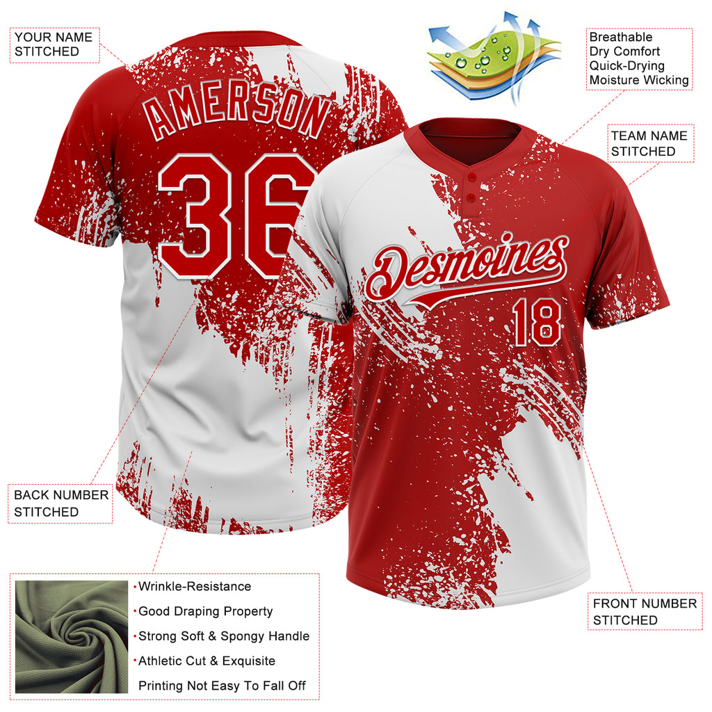 Custom White Red 3D Pattern Abstract Brush Stroke Two-Button Unisex Softball Jersey