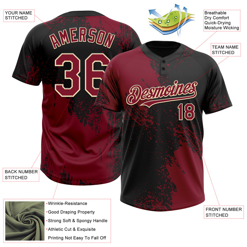 Custom Crimson Black-Cream 3D Pattern Abstract Brush Stroke Two-Button Unisex Softball Jersey