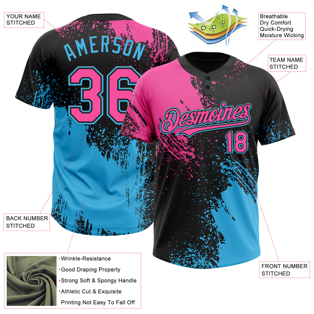 Custom Black Pink-Sky Blue 3D Pattern Abstract Brush Stroke Two-Button Unisex Softball Jersey