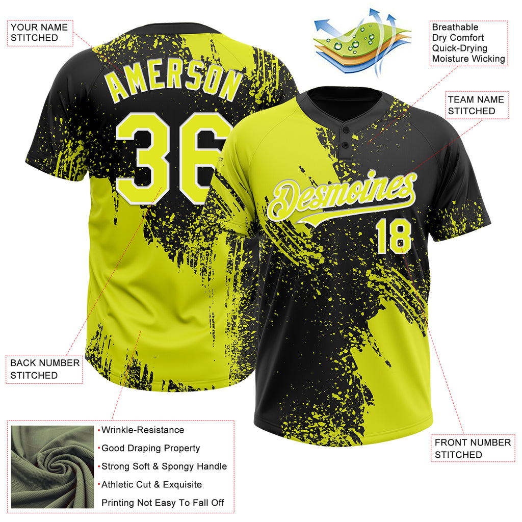 Custom Black Neon Yellow-White 3D Pattern Abstract Brush Stroke Two-Button Unisex Softball Jersey