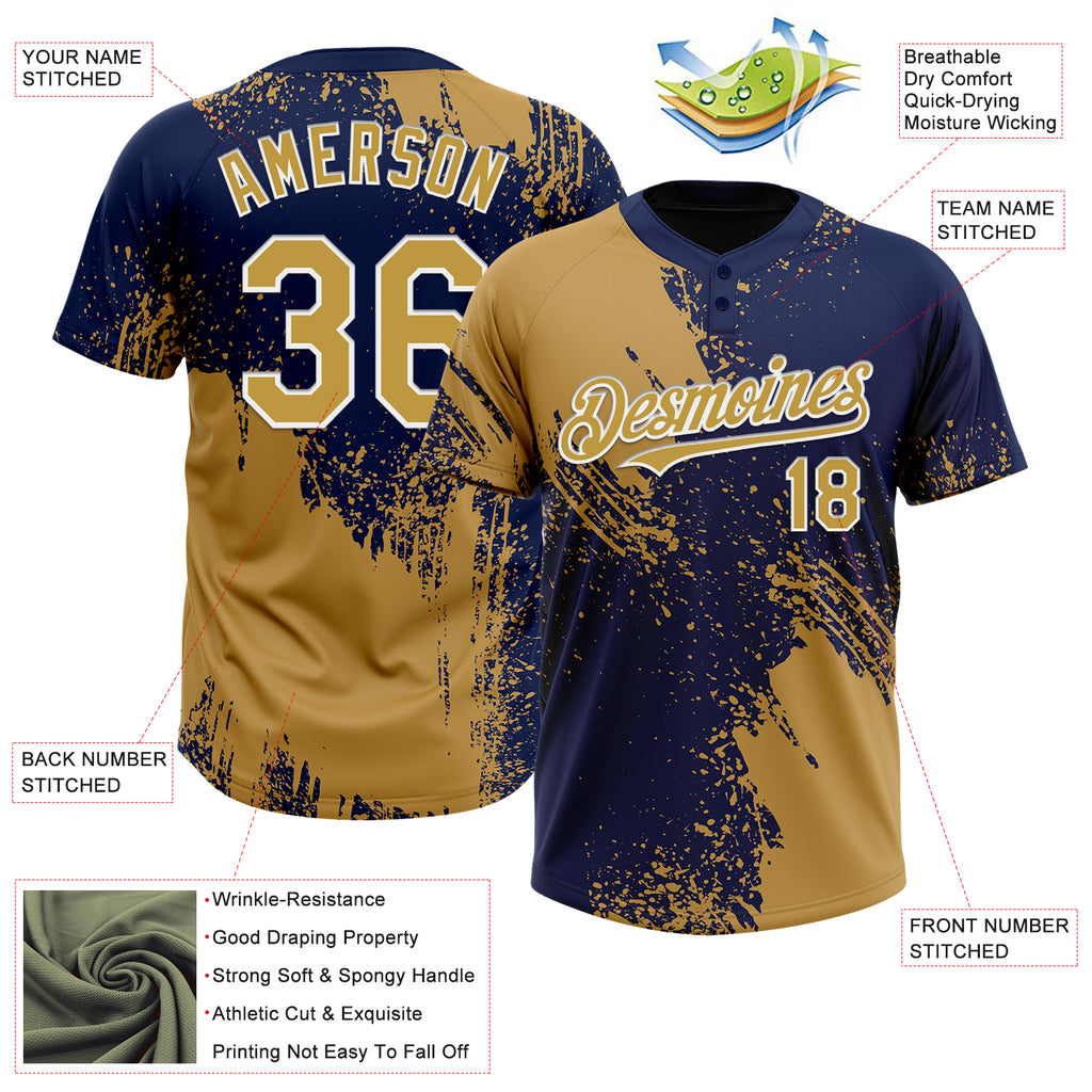 Custom Old Gold Navy-White 3D Pattern Abstract Brush Stroke Two-Button Unisex Softball Jersey