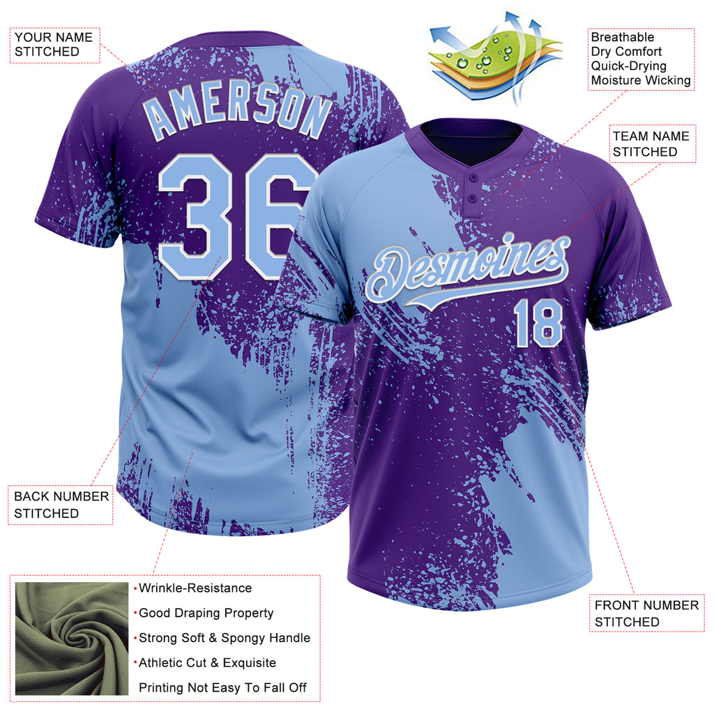 Custom Light Blue Purple-White 3D Pattern Abstract Brush Stroke Two-Button Unisex Softball Jersey