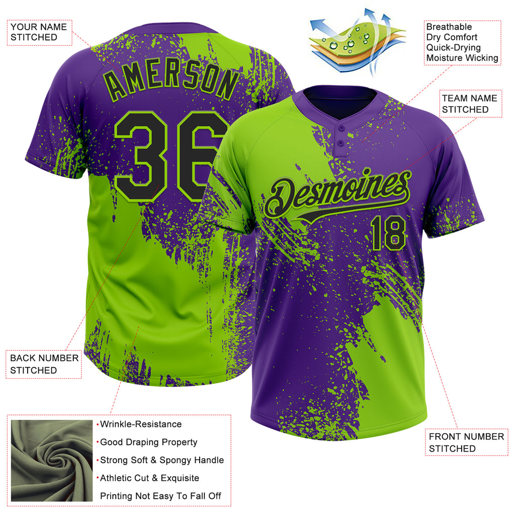 Custom Neon Green Black-Purple 3D Pattern Abstract Brush Stroke Two-Button Unisex Softball Jersey