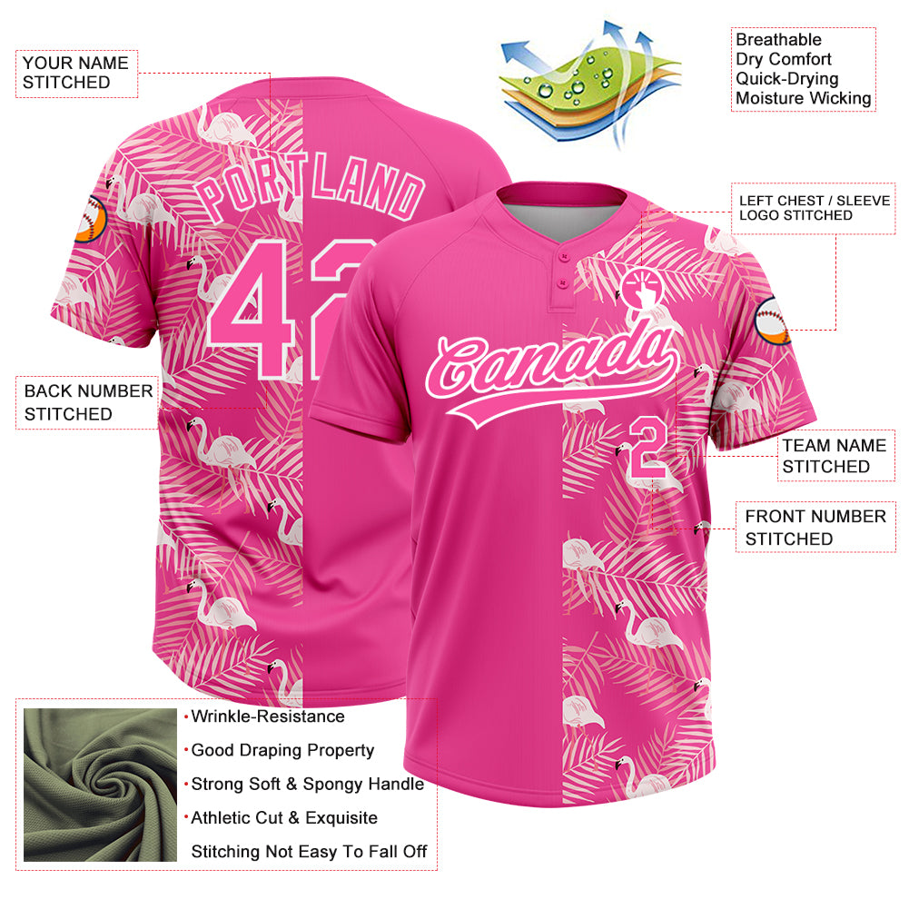 Custom Pink White 3D Pattern Tropical Palm Leaves And Famingo Two-Button Unisex Softball Jersey