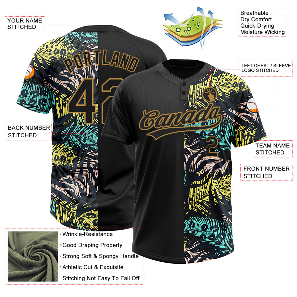 Custom Black Old Gold 3D Pattern Hawaii Tropical Palm Leaves With Animal Print Two-Button Unisex Softball Jersey