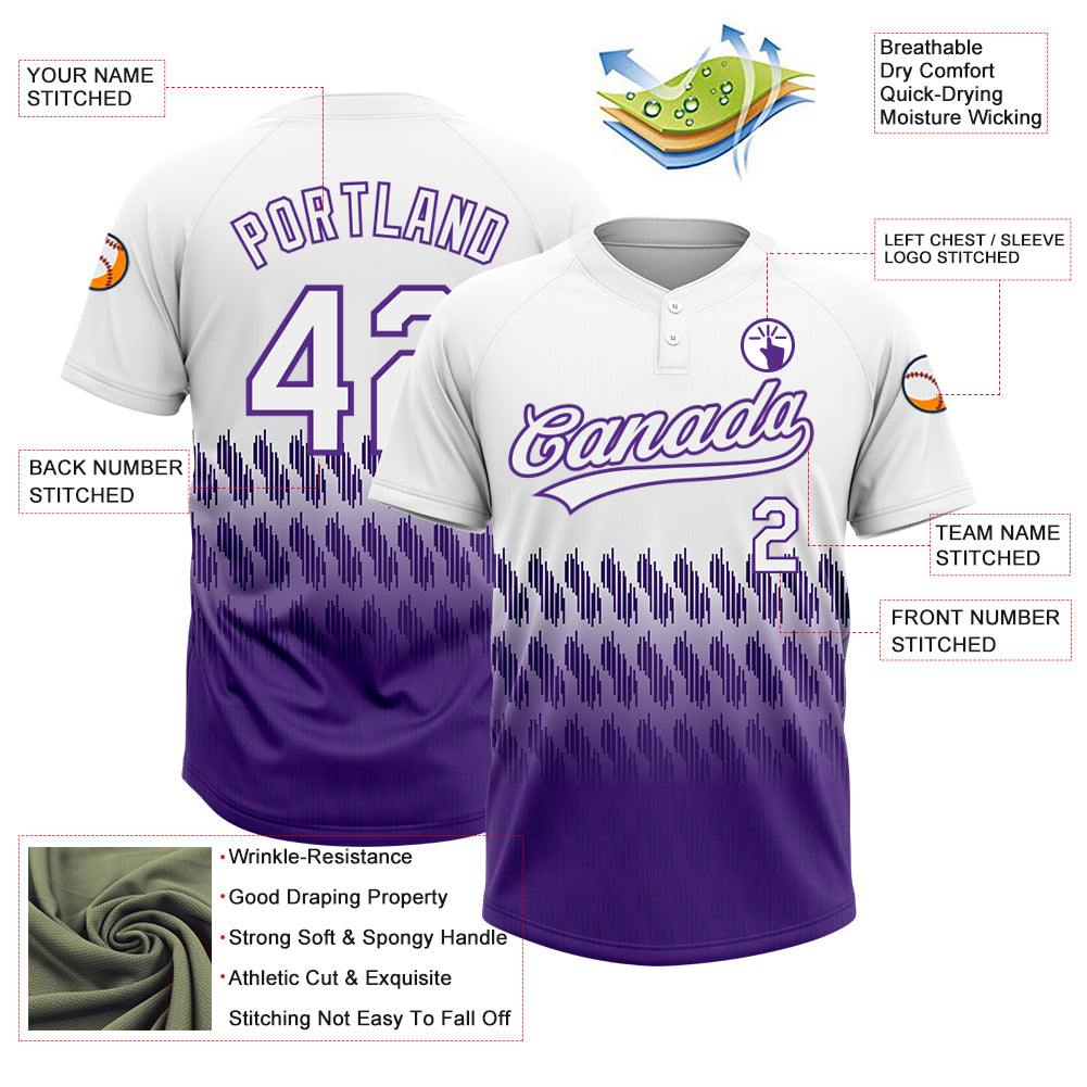 Custom White Purple 3D Pattern Lines Two-Button Unisex Softball Jersey