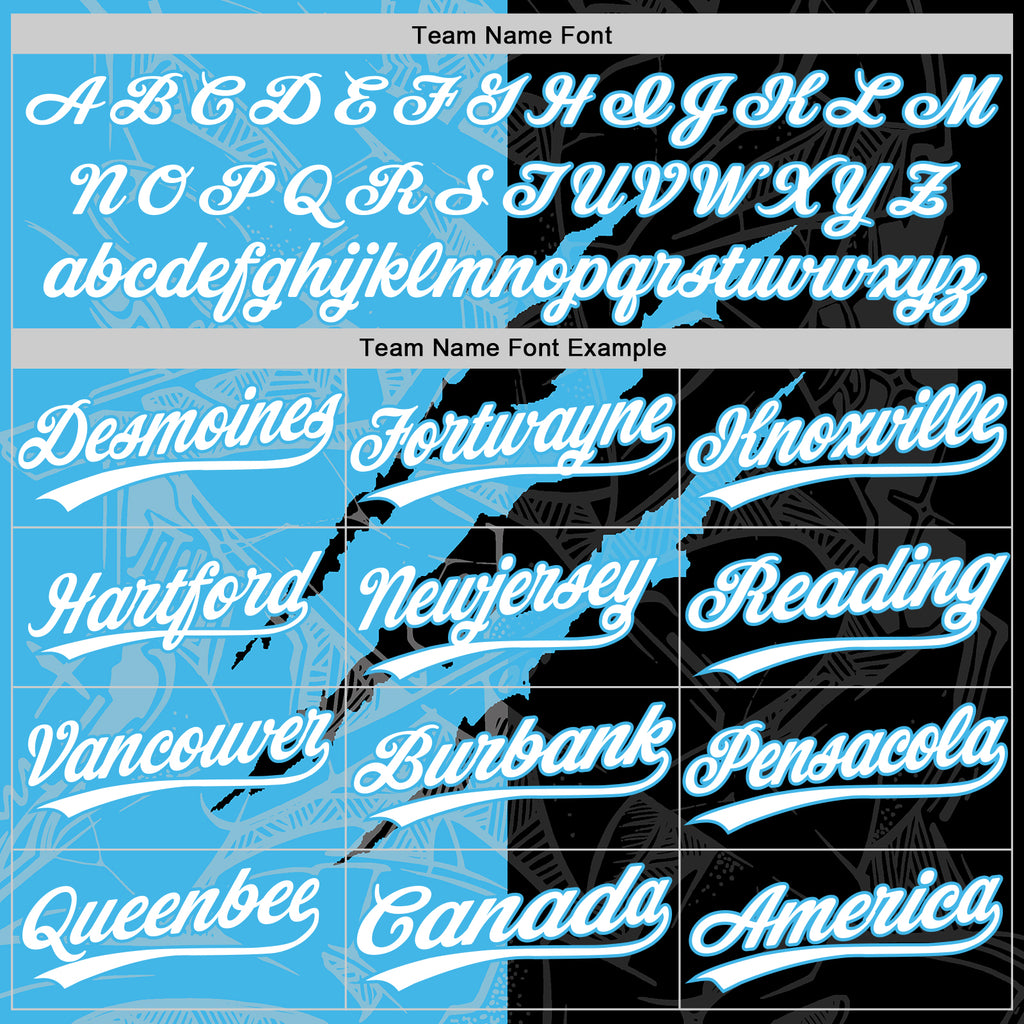 Custom Graffiti Pattern White Black-Sky Blue 3D Scratch Two-Button Unisex Softball Jersey