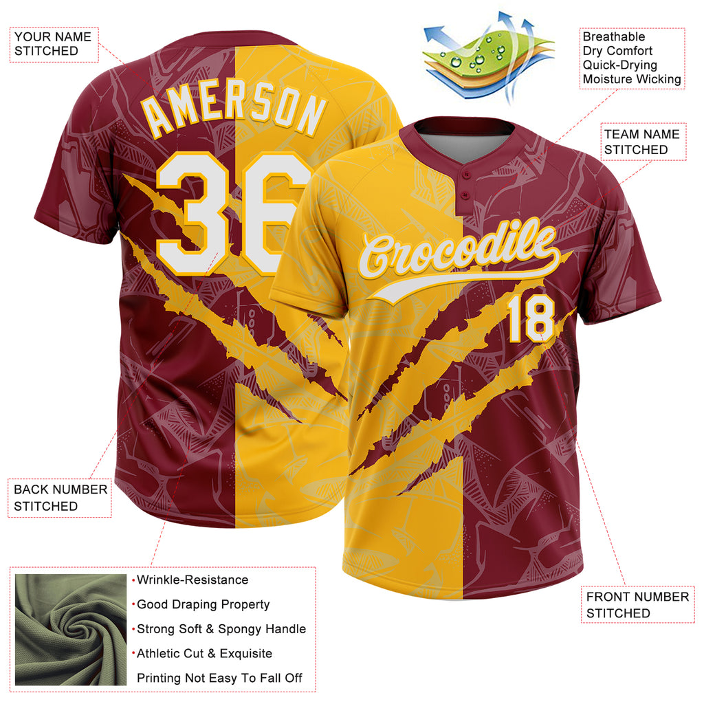 Custom Graffiti Pattern White Crimson-Gold 3D Scratch Two-Button Unisex Softball Jersey