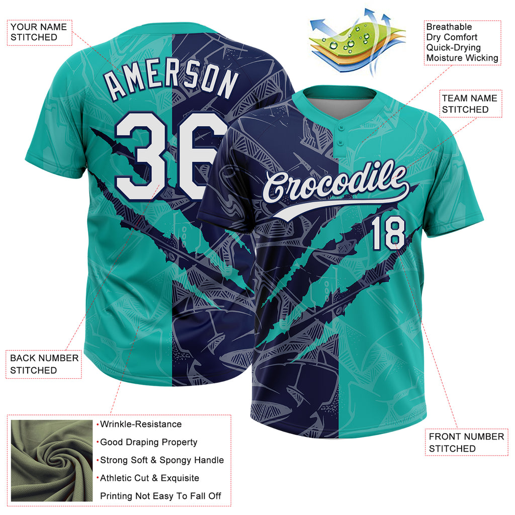 Custom Graffiti Pattern White Aqua-Navy 3D Scratch Two-Button Unisex Softball Jersey