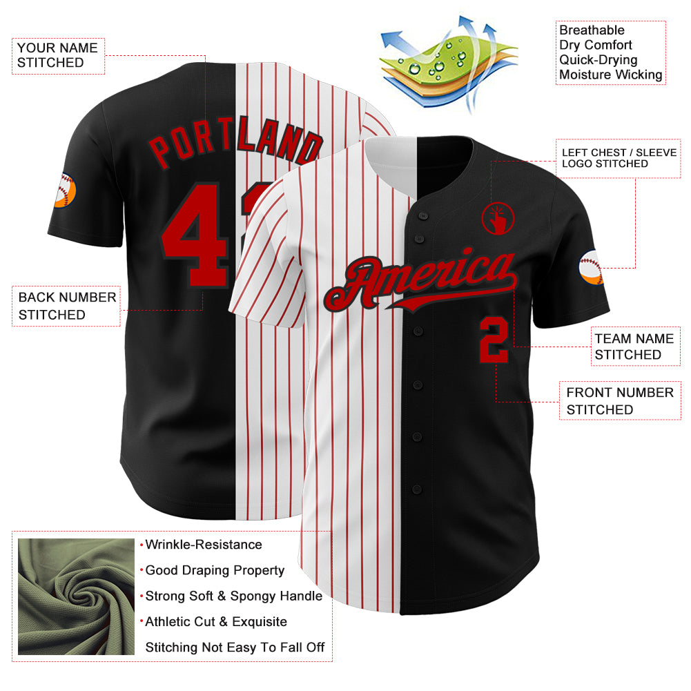 Custom Black White-Red Pinstripe Authentic Split Fashion Baseball Jersey