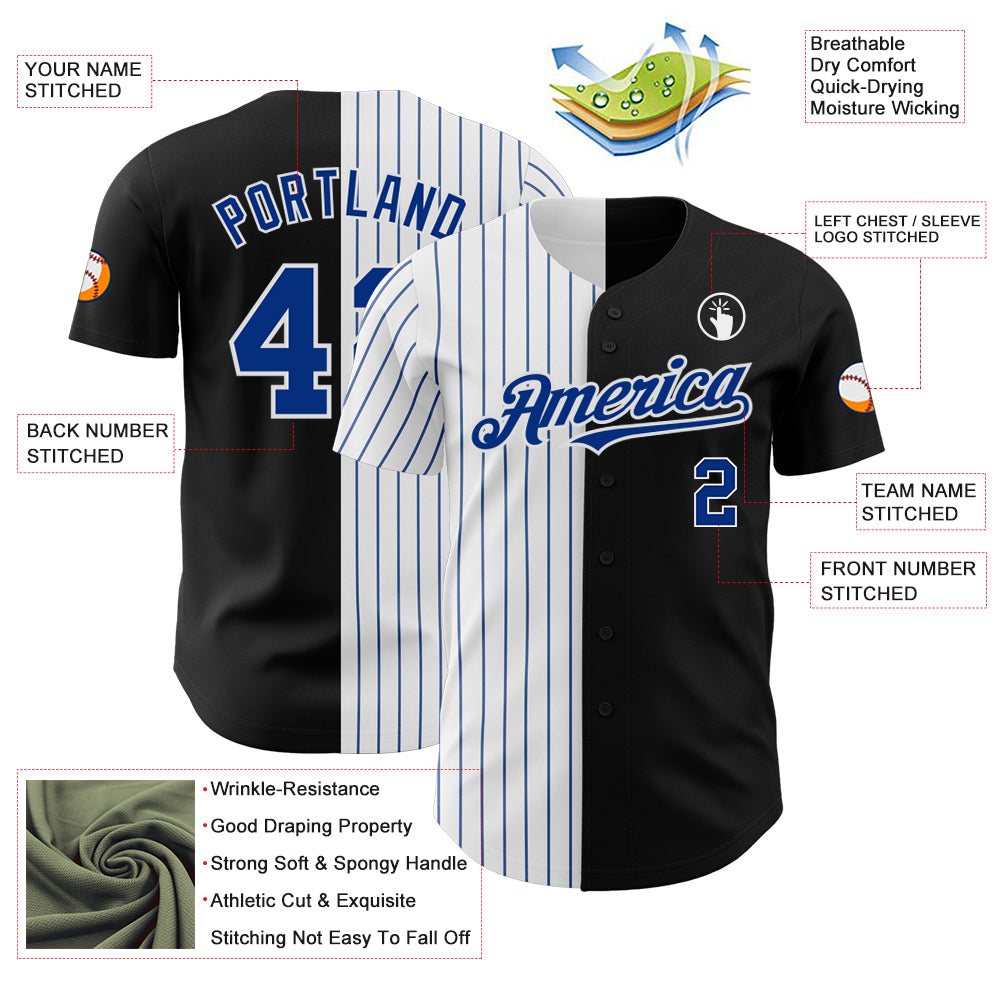 Custom Black White-Royal Pinstripe Authentic Split Fashion Baseball Jersey