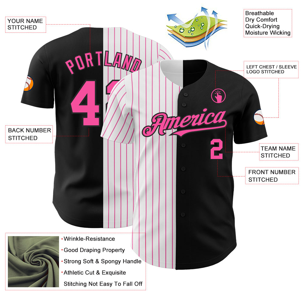 Custom Black White-Pink Pinstripe Authentic Split Fashion Baseball Jersey