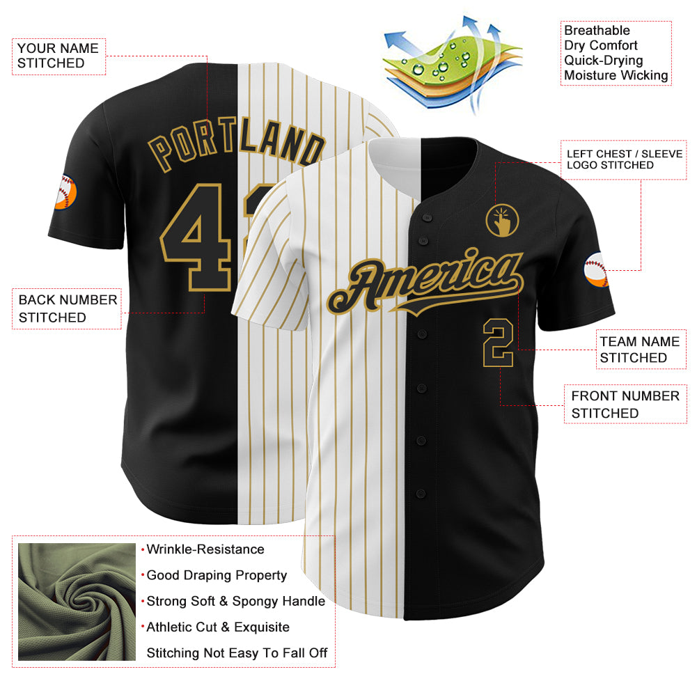 Custom Black White-Old Gold Pinstripe Authentic Split Fashion Baseball Jersey