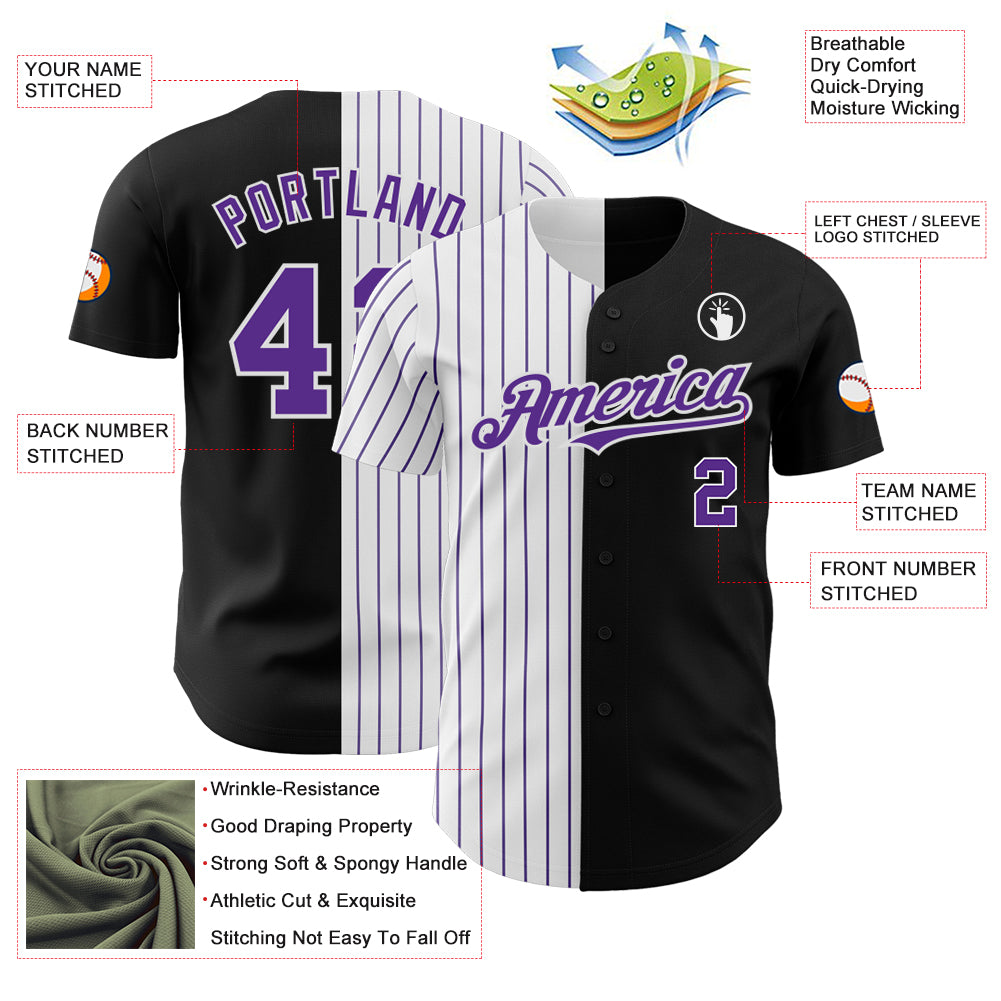 Custom Black White-Purple Pinstripe Authentic Split Fashion Baseball Jersey