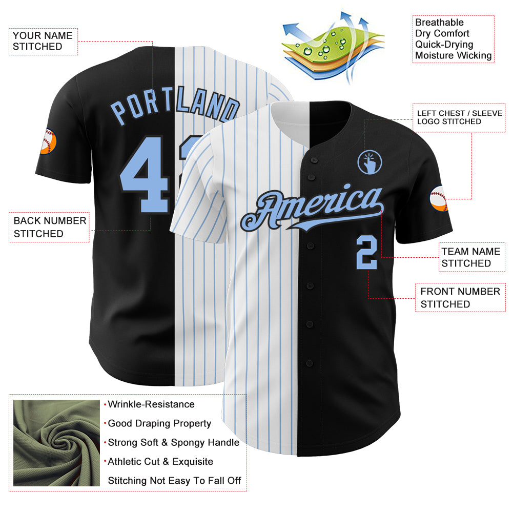 Custom Black White-Light Blue Pinstripe Authentic Split Fashion Baseball Jersey