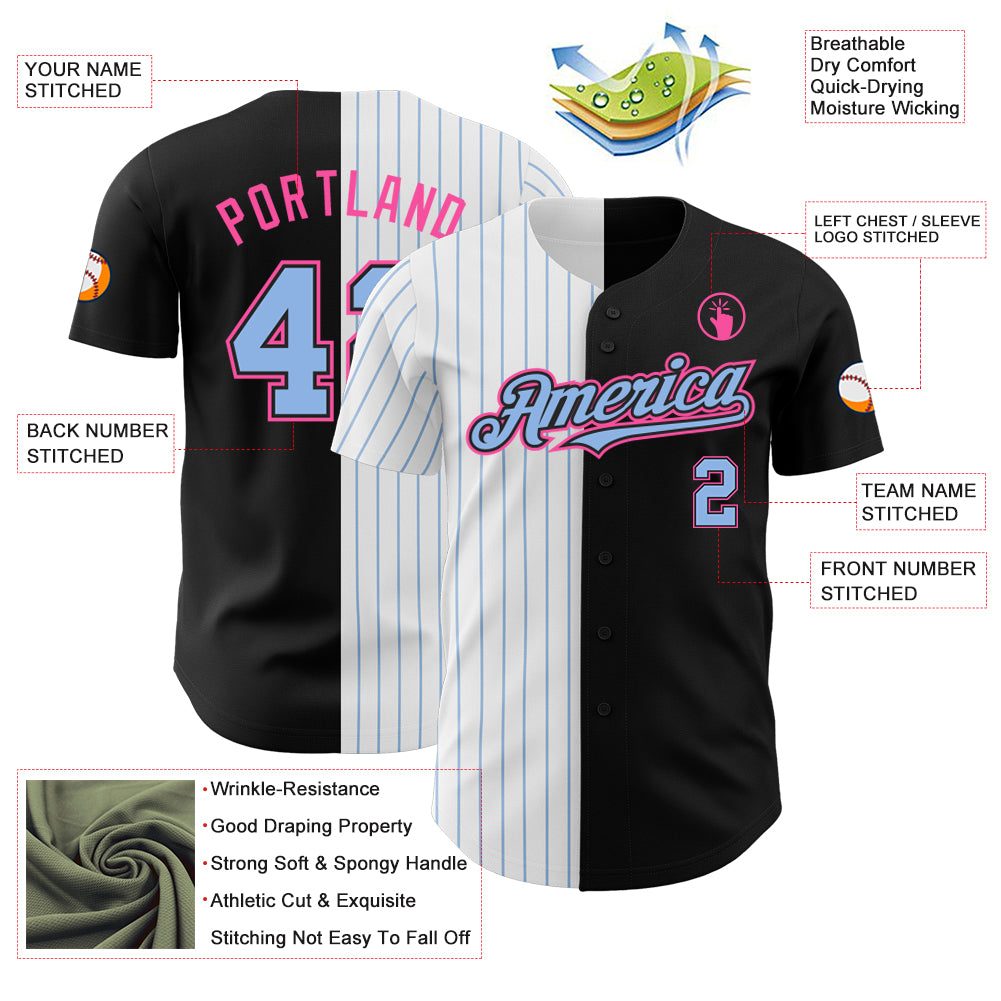 Custom Black Pink-Light Blue Pinstripe Authentic Split Fashion Baseball Jersey
