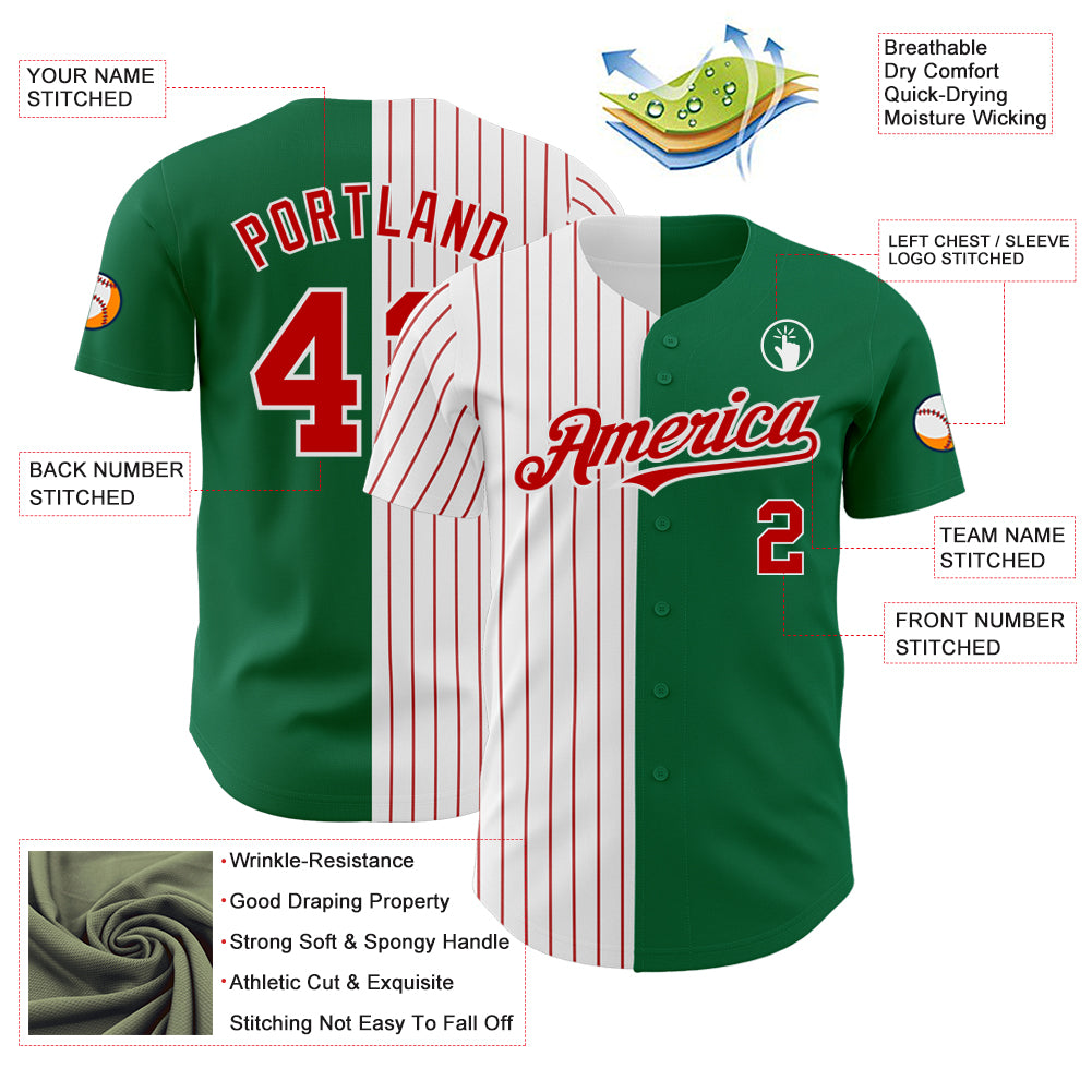 Custom Kelly Green White-Red Pinstripe Authentic Split Fashion Baseball Jersey