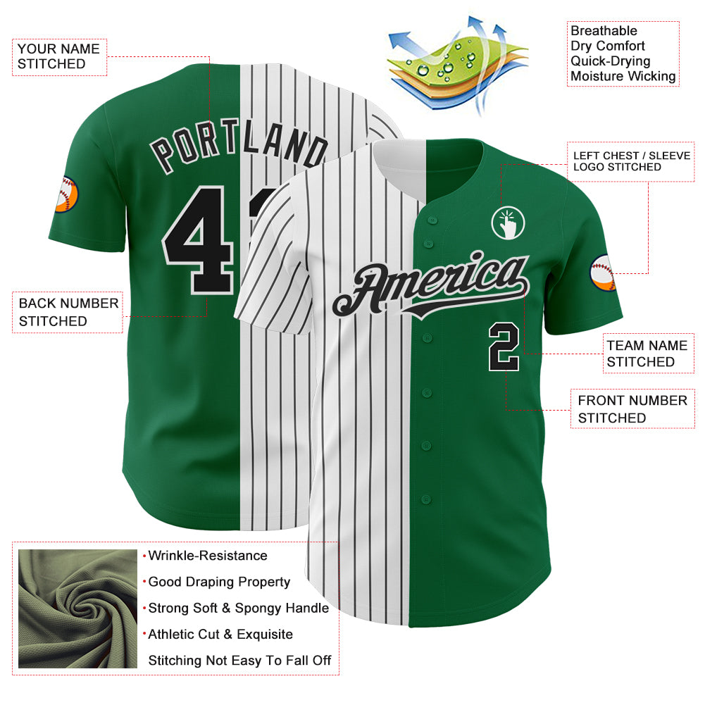 Custom Kelly Green White-Black Pinstripe Authentic Split Fashion Baseball Jersey