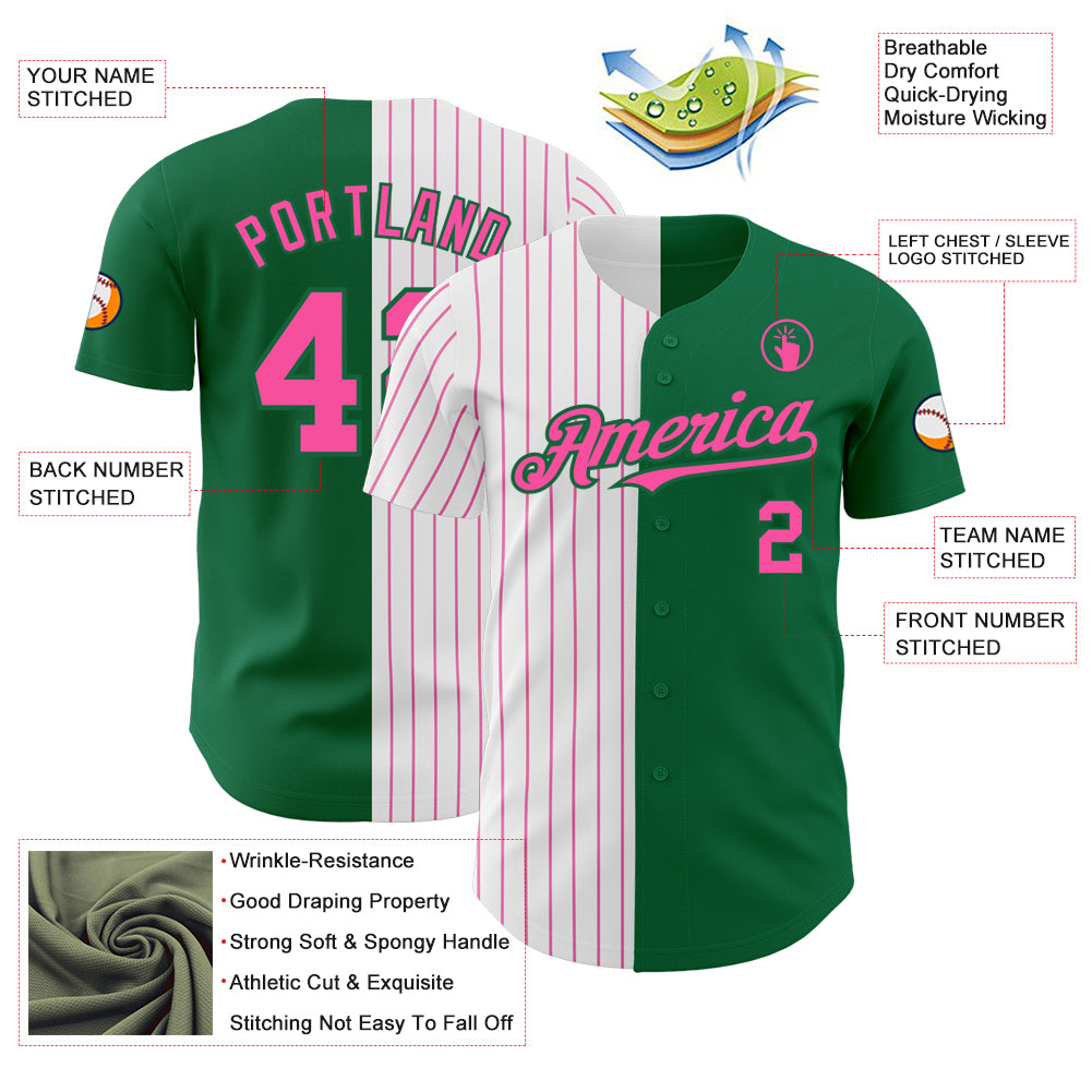 Custom Kelly Green White-Pink Pinstripe Authentic Split Fashion Baseball Jersey
