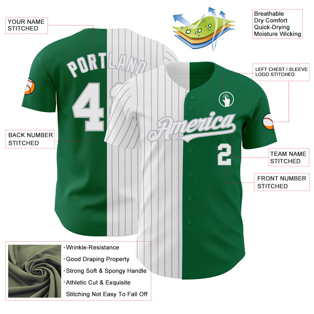 Custom Kelly Green White-Gray Pinstripe Authentic Split Fashion Baseball Jersey