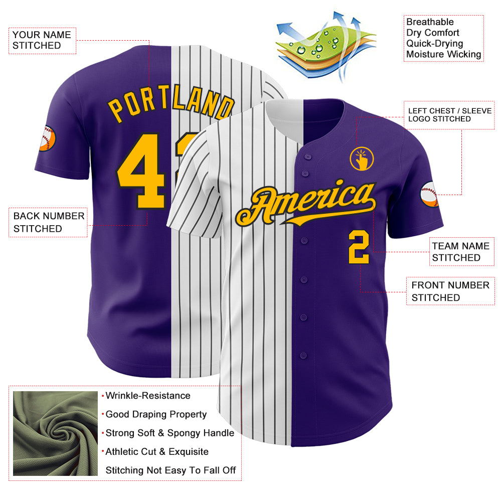 Custom Purple Gold-Black Pinstripe Authentic Split Fashion Baseball Jersey