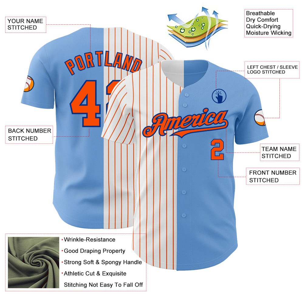 Custom Light Blue Royal-Orange Pinstripe Authentic Split Fashion Baseball Jersey