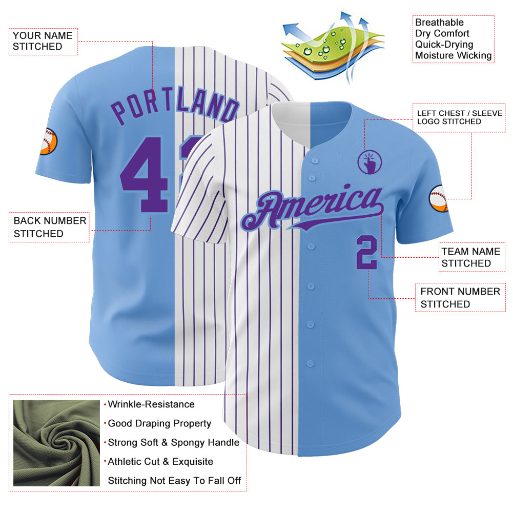 Custom Light Blue White-Purple Pinstripe Authentic Split Fashion Baseball Jersey