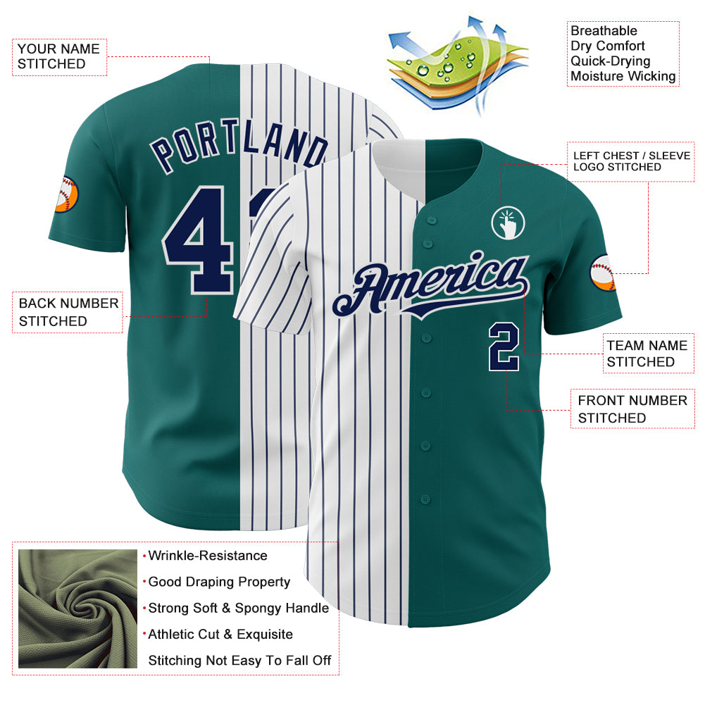 Custom Teal White-Navy Pinstripe Authentic Split Fashion Baseball Jersey