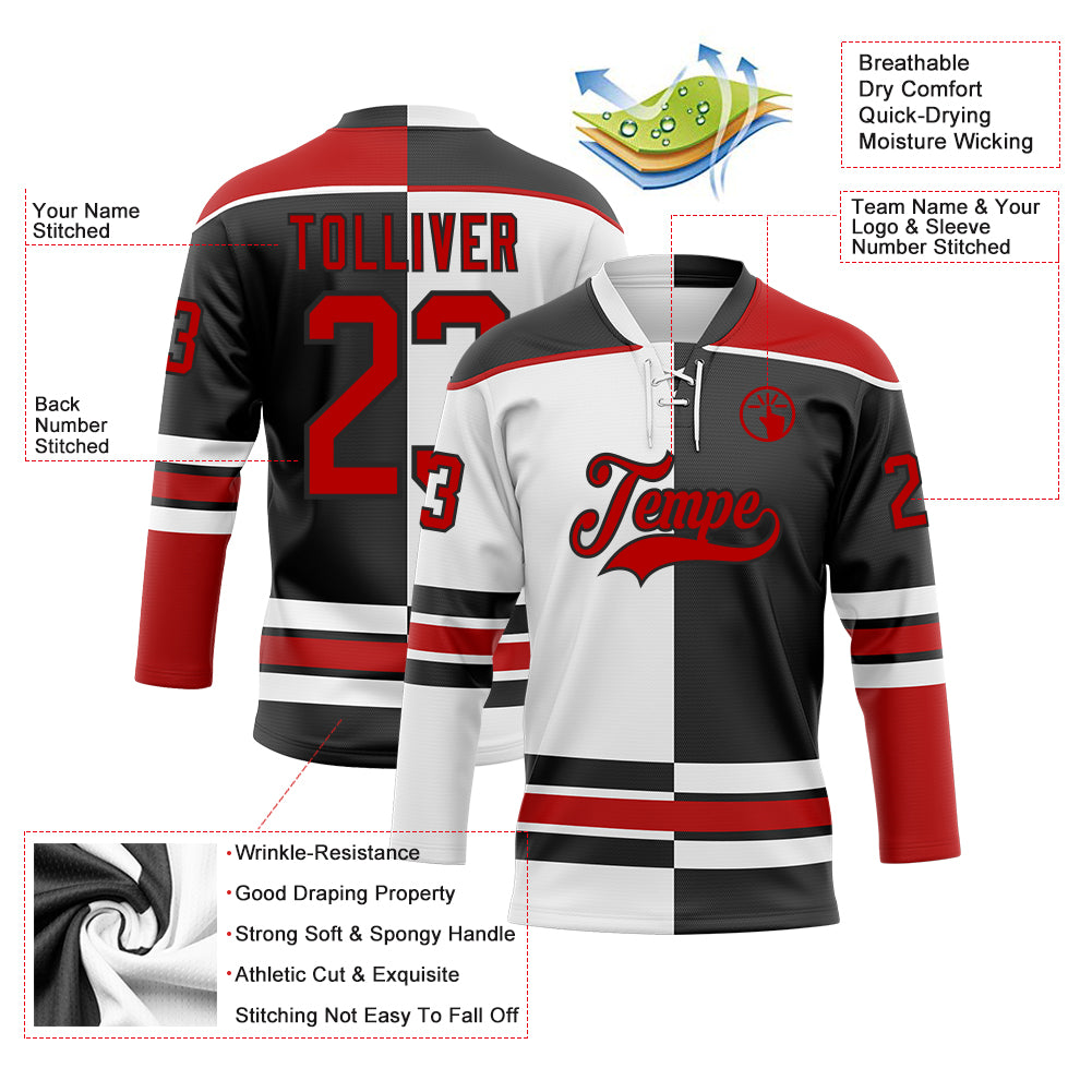 Custom Black Red-White Split Fashion Hockey Lace Neck Jersey