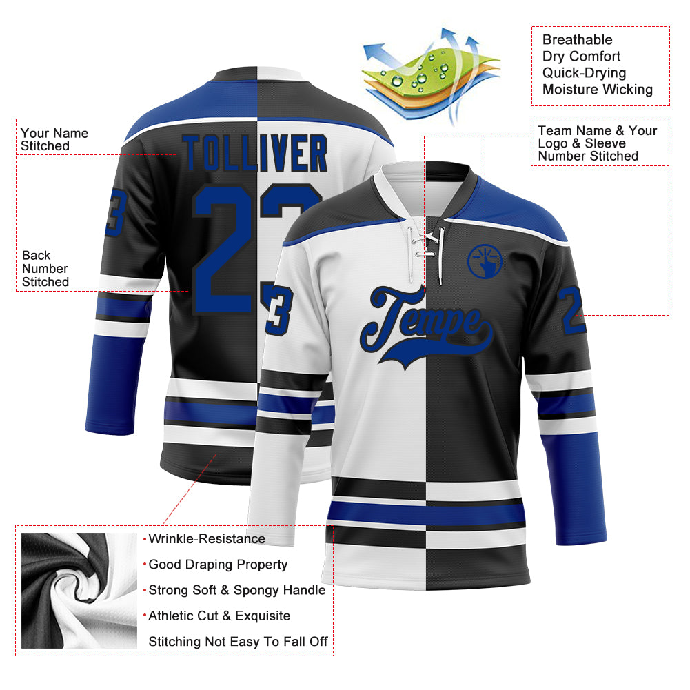 Custom Black Royal-White Split Fashion Hockey Lace Neck Jersey