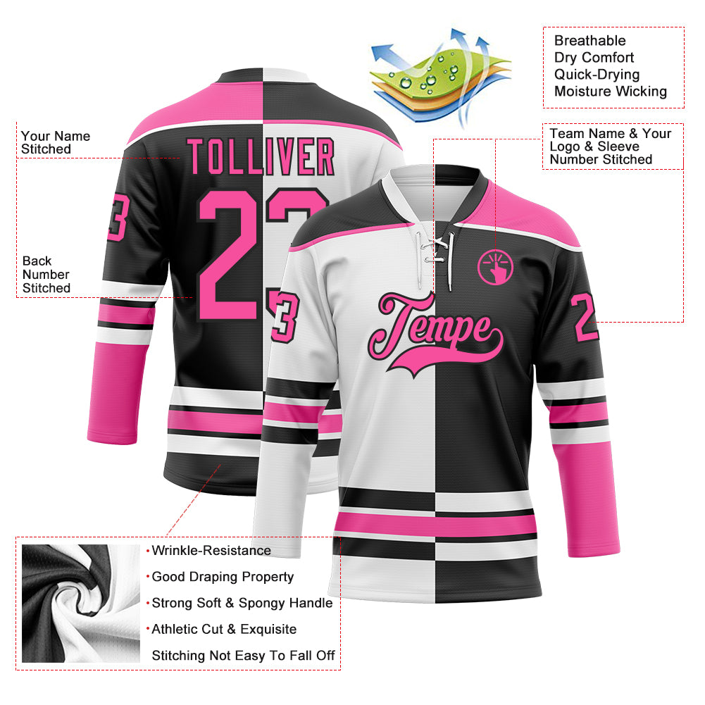 Custom Black Pink-White Split Fashion Hockey Lace Neck Jersey