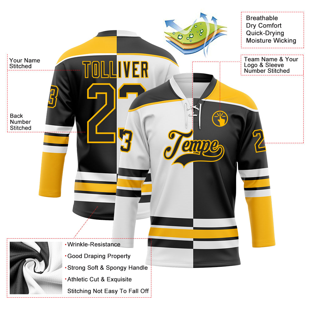 Custom Black Gold-White Split Fashion Hockey Lace Neck Jersey
