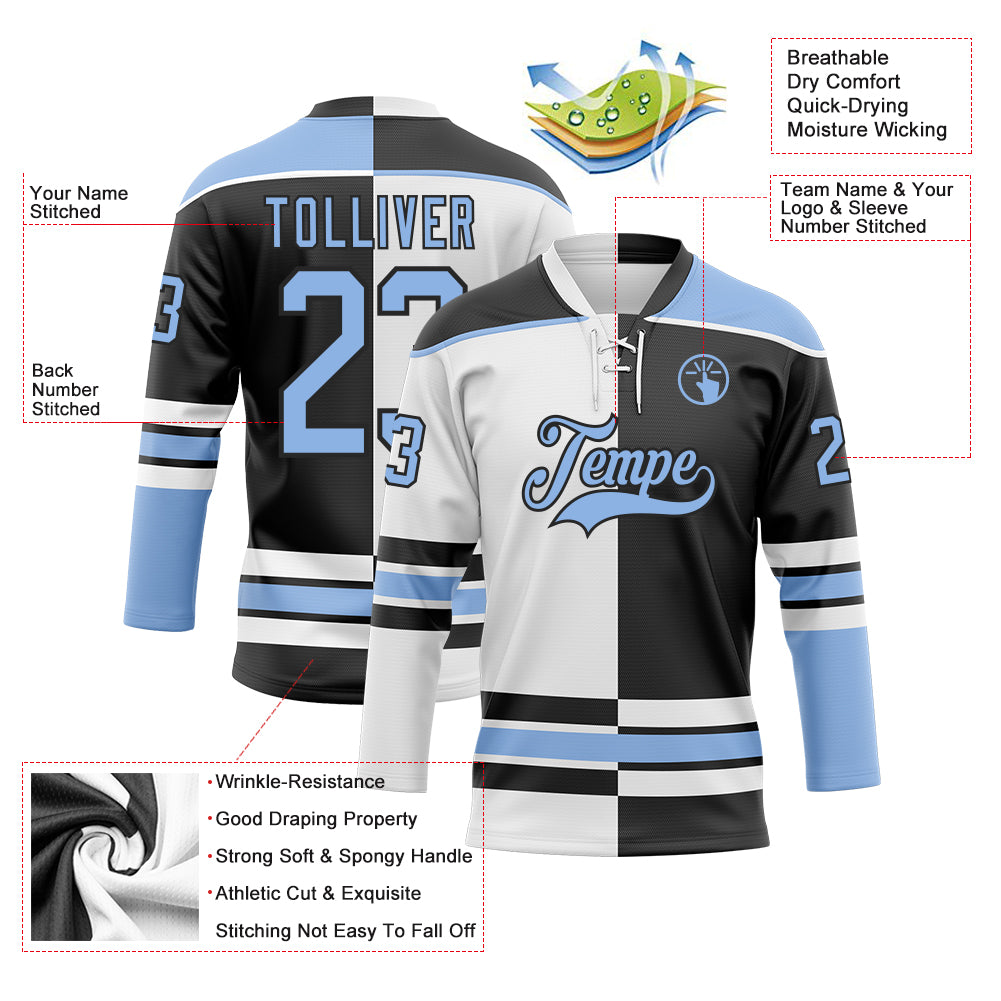 Custom Black Light Blue-White Split Fashion Hockey Lace Neck Jersey