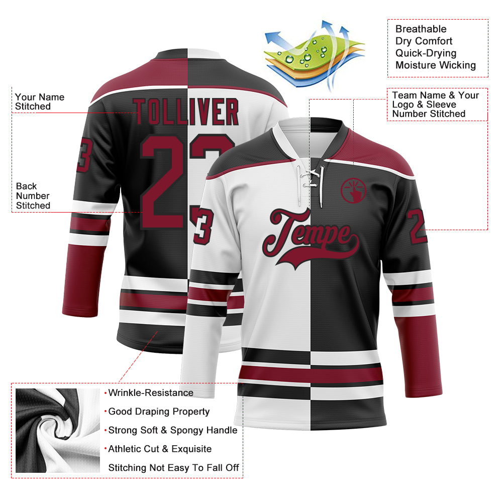 Custom Black Crimson-White Split Fashion Hockey Lace Neck Jersey