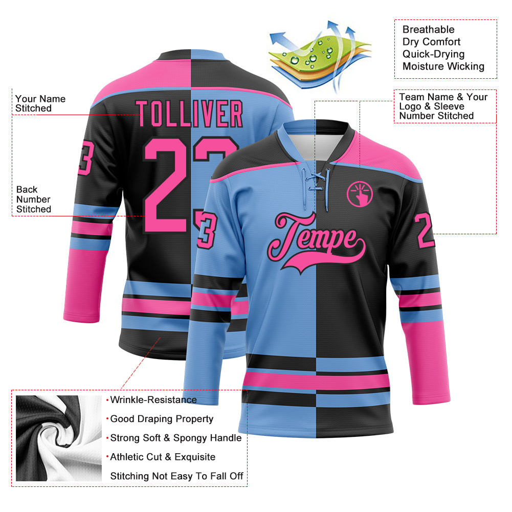 Custom Black Pink-Light Blue Split Fashion Hockey Lace Neck Jersey