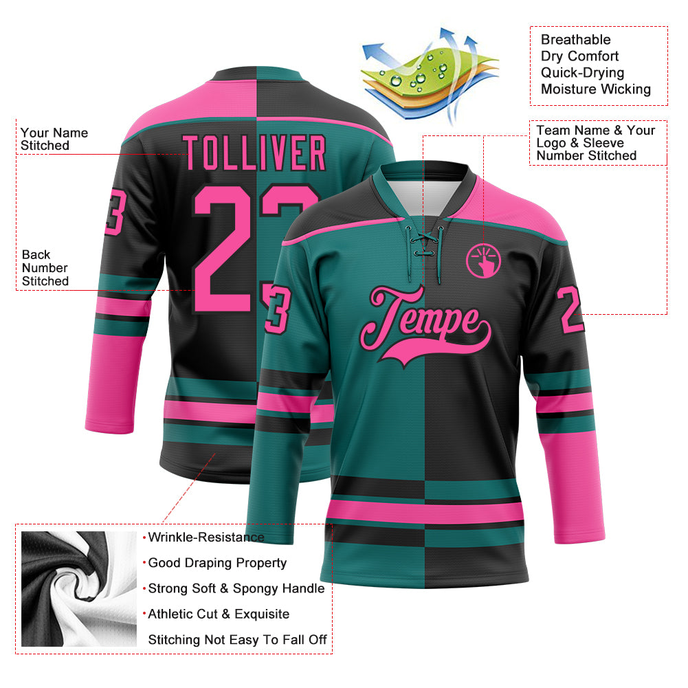 Custom Black Pink-Teal Split Fashion Hockey Lace Neck Jersey