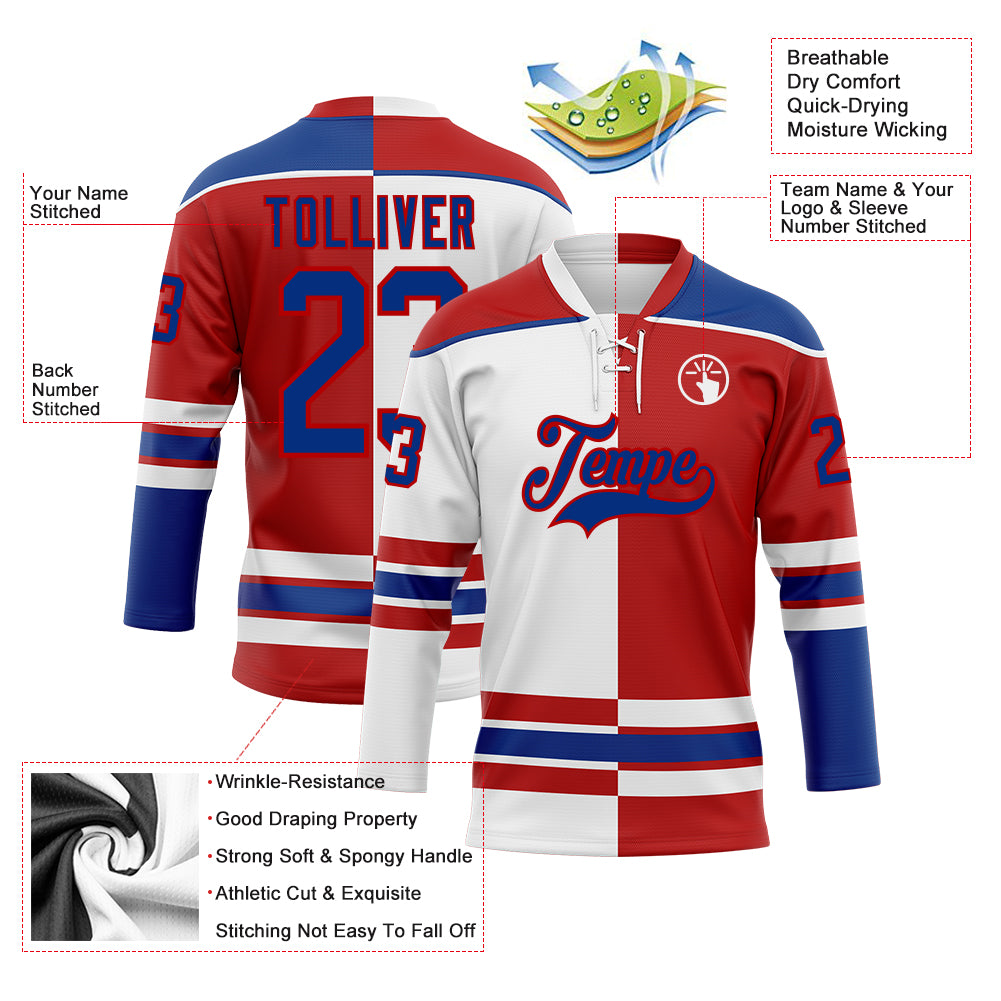 Custom Red Royal-White Split Fashion Hockey Lace Neck Jersey