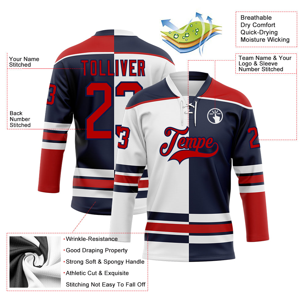 Custom Navy Red-White Split Fashion Hockey Lace Neck Jersey