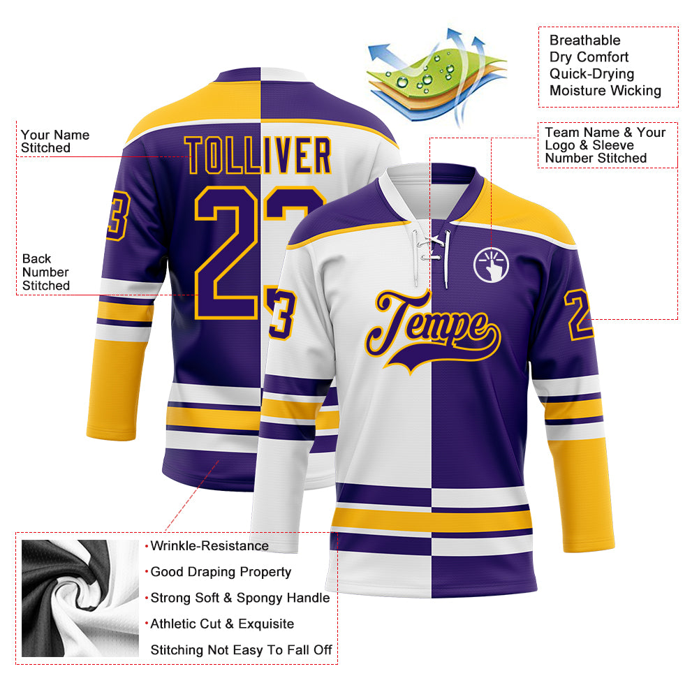 Custom Purple Gold-White Split Fashion Hockey Lace Neck Jersey