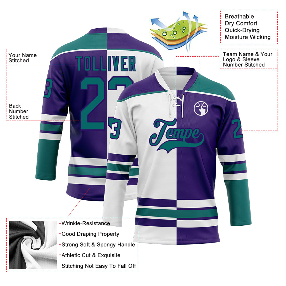 Custom Purple Teal-White Split Fashion Hockey Lace Neck Jersey