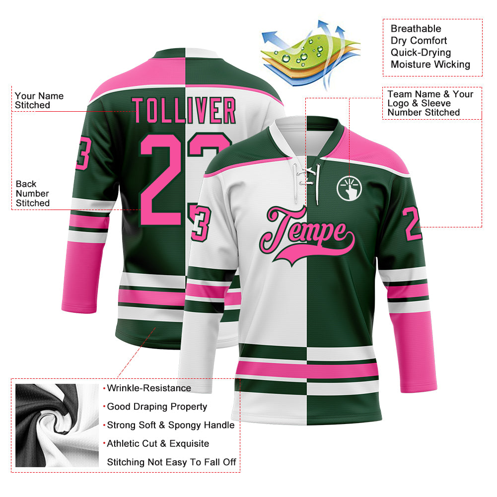 Custom Green Pink-White Split Fashion Hockey Lace Neck Jersey