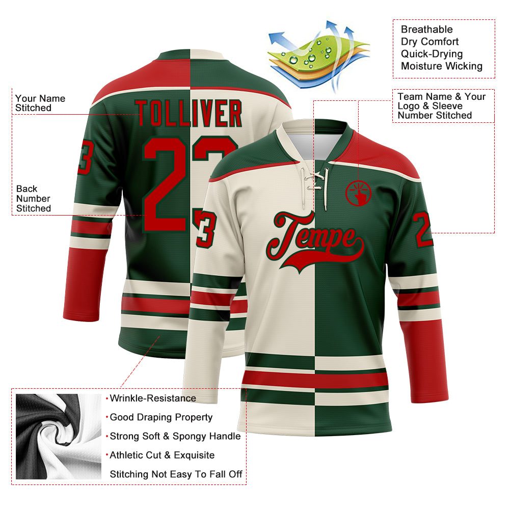 Custom Green Red-Cream Split Fashion Hockey Lace Neck Jersey