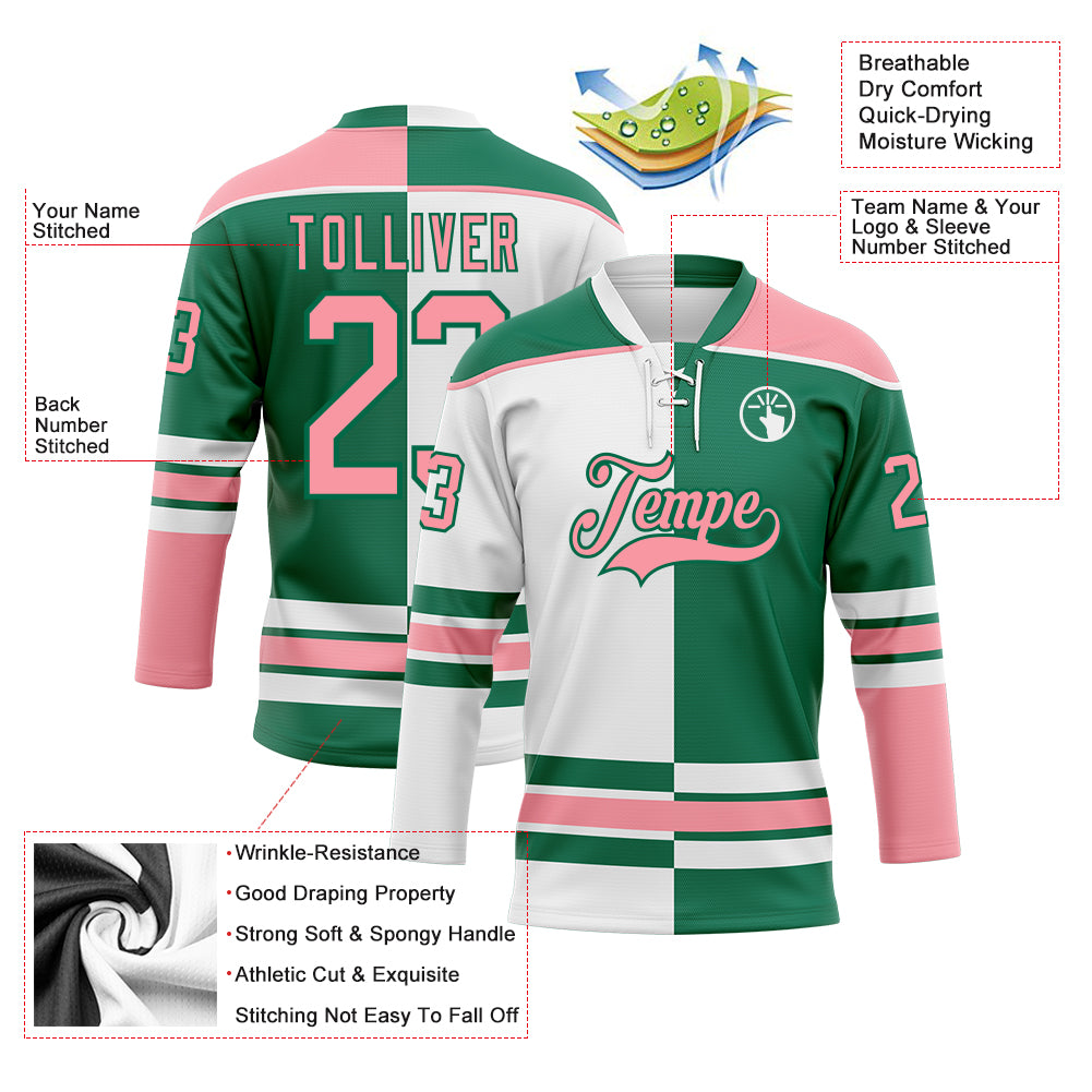 Custom Kelly Green Medium Pink-White Split Fashion Hockey Lace Neck Jersey