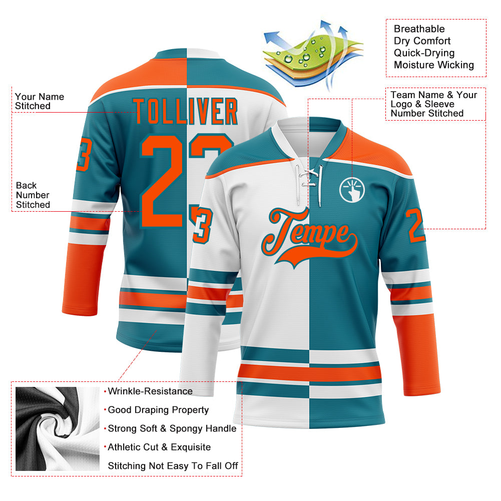 Custom Teal Orange-White Split Fashion Hockey Lace Neck Jersey