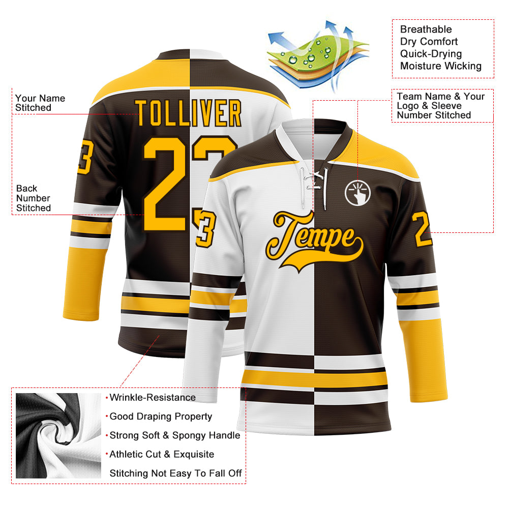 Custom Brown Gold-White Split Fashion Hockey Lace Neck Jersey